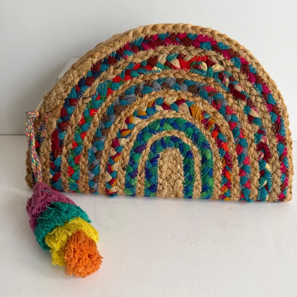 Boho Rainbow Woven Clutch Tassel Half Moon Straw Handbag Beachy Vacation Coastal